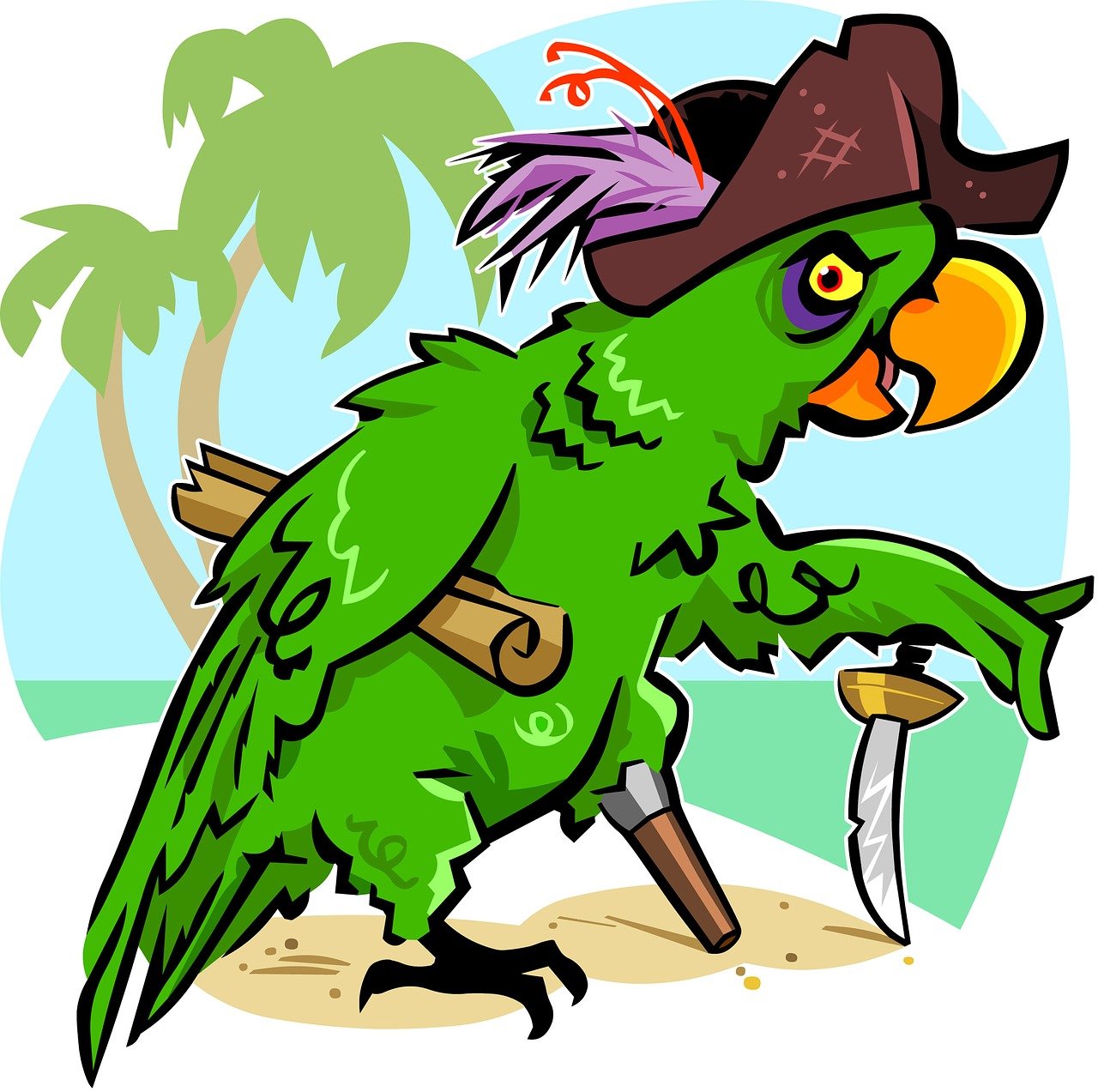 Parot in Pirate Hate with peg leg.